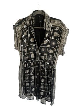 ANNA SUI Black Cream & Silver Embroidery Sheer Silk Mix Summer Dress US 2